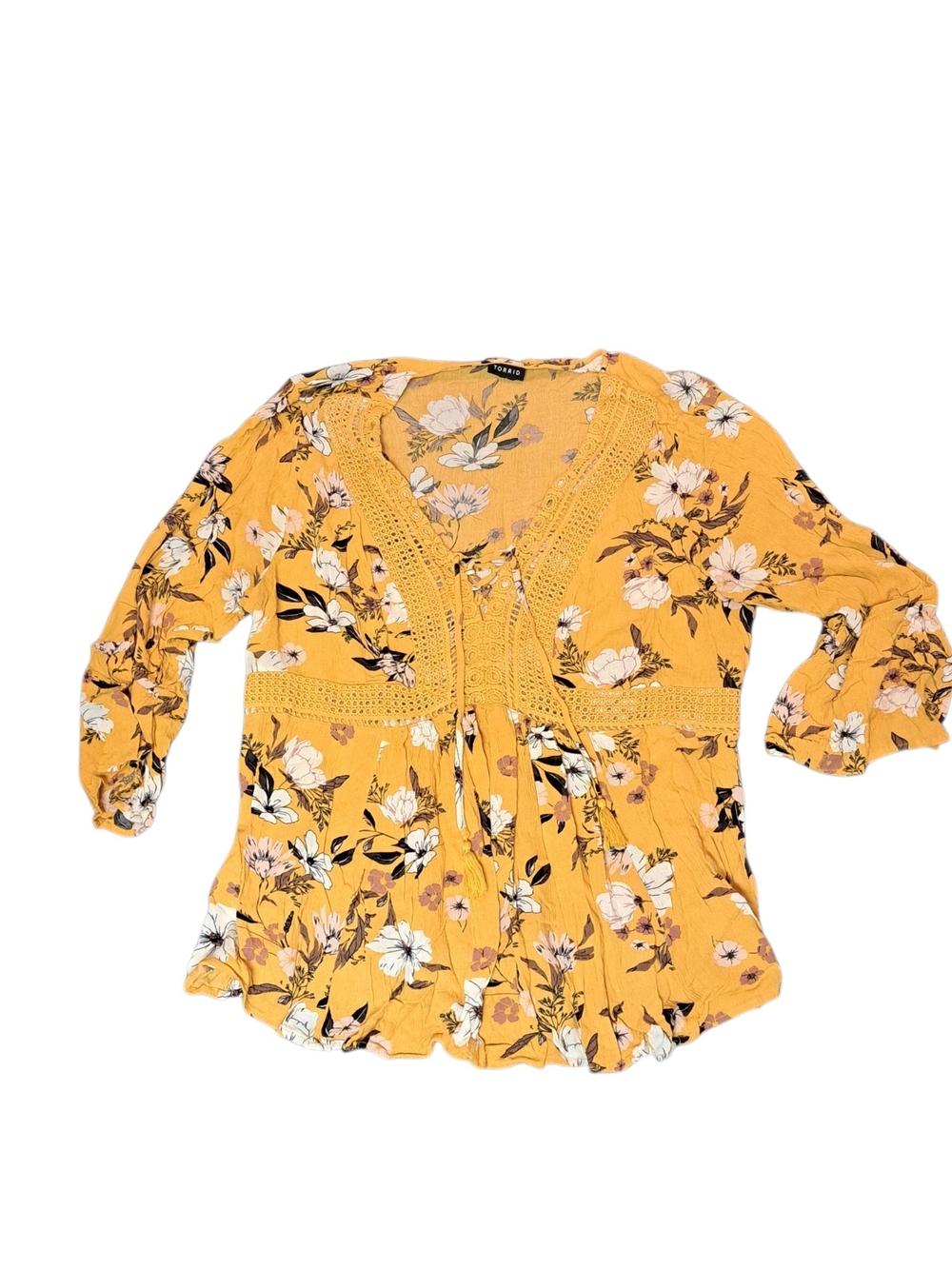 Torrid Women’s Size 2 Mustard Yellow Floral Lace Trim Peplum Blouse Top